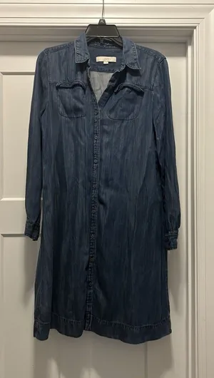 LOFT Denim Shirt Dress Blue Chambray Long Sleeve Roll Tab Sleeves Modest Small thumbnail 1