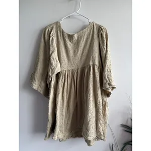 Free People Beach Beige Crinkle‎ Babydoll Mini Dress Puff Sleeve XS OB1122436 thumbnail 2