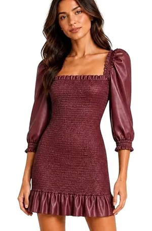7 For All Mankind Mini Dress Womens M Oxblood Smocked Vegan Leather Coquette thumbnail 1