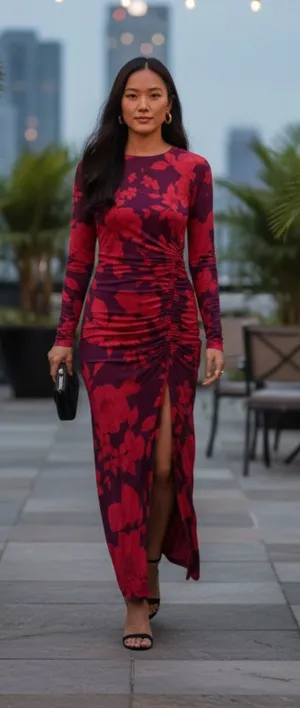 Taylor Women’s Purple/Red Long Sleeve Ruched Maxi Foral Dress, Size 4 thumbnail 1