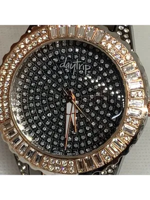 DayTrip iced dial gold black tone women watch large case 46mm size 6.5” running thumbnail 2