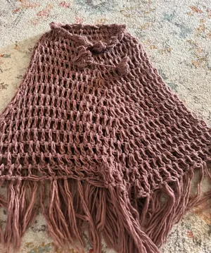 Handmade Mauve Crochet Open Knit Fringe Poncho Boho Capelet Dusty Rose thumbnail 1