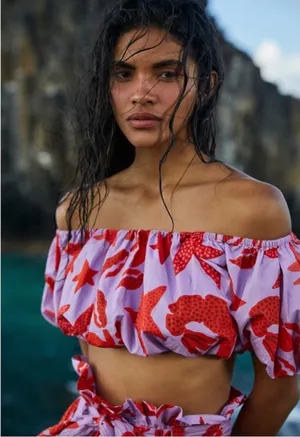 Farm Rio Lobster Sky Crop Top Purple Red Organic Cotton Puff Sleeve NWT Size M thumbnail 1