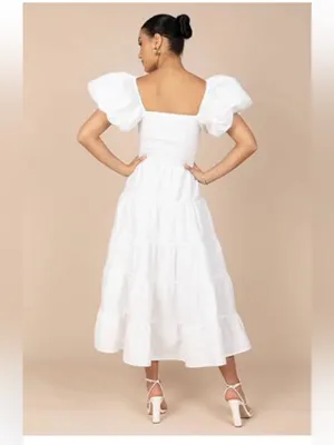 Petal & Pup - ANNETTE PUFF SLEEVE SHIRRED MIDI DRESS - WHITE XS thumbnail 3