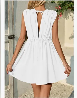 NEW Cotton Sleeveless Mini Dress Casual V Neck Bowknot Loose Babydoll Dress S thumbnail 2