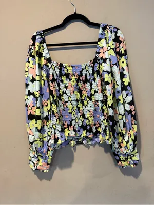 Free People Black Floral Smocked Square-Neck Top thumbnail 2