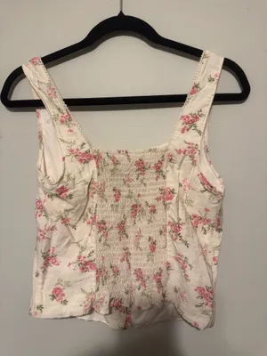 Kirious Pink Floral White Cotton Smocked Crop Tank Top thumbnail 2