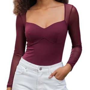 FEELINGIRL‎ Burgundy Sheer Mesh Long Sleeve Sweetheart Neck Bodysuit NWT Medium thumbnail 1