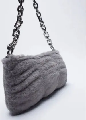 Zara Grey Faux Fur Shoulder Bag with Silver Chain thumbnail 1