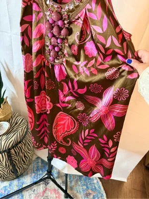 Vintage Y2K Women’s Satin Pink & Brown Floral Halter Dress w/ Beading McBling thumbnail 2