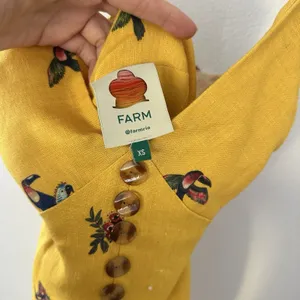 Farm Rio 100% Linen Jungle Tucanos Button Midi Yellow Embroidered Dress Sz XS thumbnail 11