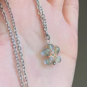 Handmade retro vintage chic whimsical style quality Czech glass flower bead simple necklace🩵 thumbnail 3