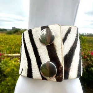 Zebra calf hair silver cross wide snap bracelet thumbnail 2