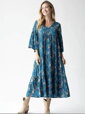 Natural Life Charlotte RayonTiered Midi Dress Teal Floral XS thumbnail 4