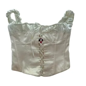 EDIKTED Damsel Satin Lace-Up Corset Top Pink White Size Medium Bustier thumbnail 2
