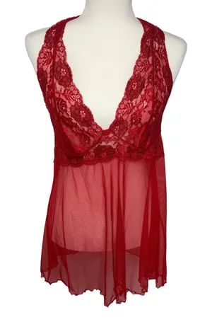 Victorias Secret Red Lace Mesh Babydoll Chemise Lingerie sz L Mini Slip Romantic thumbnail 1