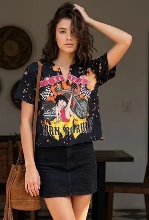 Betty Boop Biker Graphic‎ Crop Top Bleach Splatter Black Medium Grunge Pin-up thumbnail 1