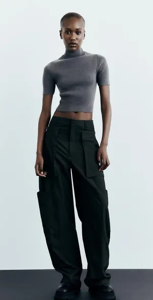ZARA Gray Short Sleeve  ribbed knit Top thumbnail 1