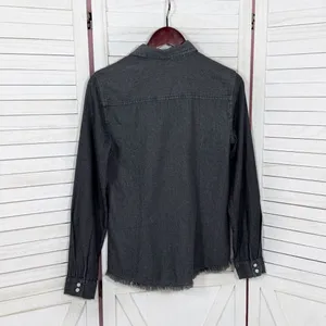 True Freedom Lace Trim Raw Edge Denim Button Up Shirt‎ Gray Black Small thumbnail 8