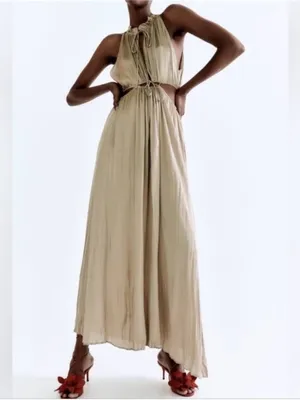 NWT Zara Wrinkle Look Satin Effect Cut Out Maxi Dress Medium Wedding Black Tie thumbnail 2
