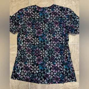 Willow Brook Scrub Top in Black/Pink/Blue/White Snowflake Pattern thumbnail 2