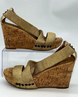 Lucky Brand Gold Metallic Canvas Upper Wedge Cork Heels Size 6.5 thumbnail 1