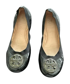 Tory Burch Caroline Ballet Flats Black Sz 6.5 Patent Leather Round Toe Logo thumbnail 1