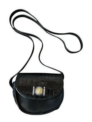 Brighton Vintage Black Leather Croc Embossed Sun Medallion Crossbody Bag Small thumbnail 1