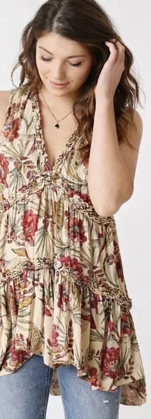 Free People Tiered Layered Floral‎ Bird Print Blouse Top Tunic Small Boho thumbnail 1