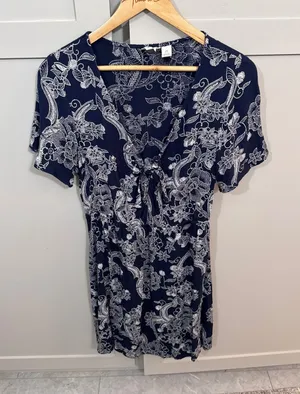 Roxy Navy Blue White Floral Paisley Tie Front Mini Dress Large Short Sleeve thumbnail 1