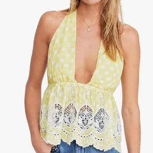 Free People M Lunch‎ Date Yellow Polka Dot Halter Top Citron Plunge Coquette New thumbnail 7