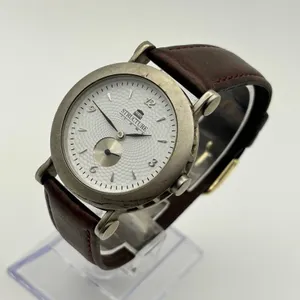Vintage Structure Textured White Dial Brown Leather Strap Watch Working thumbnail 2