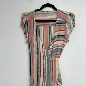 Free People Blue & Pink Vertical Striped Short Sleeve Wrap Dress Womens L Mini thumbnail 4