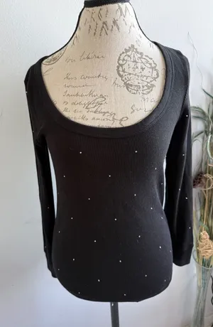 PINK Victoria's Secret Black Ribbed Rhinestone‎ Scoop Neck Thermal Top Large thumbnail 1