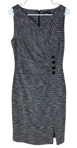 DKNY Tweed Sheath Dress Black Gray Side Button Sleeveless V-Neck Chic Size‎ 10 thumbnail 1