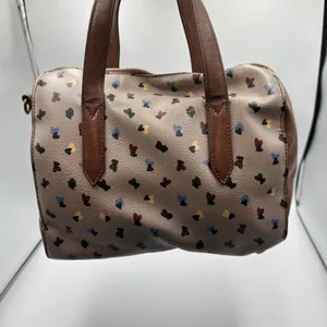 Fossil Rachel Satchel Bag Taupe Heart Print Pebbled Leather Brown Trim Handbag thumbnail 3