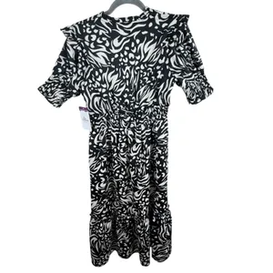 THML NWT Black White Abstract‎ Print Short Sleeve Midi Dress Ruffle Tassels S thumbnail 2