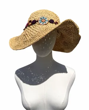 Lucky Brand Wide Brim Straw Hat One Size Floral Beaded Boho Sun Hat Festival thumbnail 1