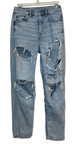 American Eagle Jeans Baggy Jean Blue Denim Distressed Light Wash 0 Short Petite‎ thumbnail 1