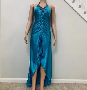 Cache Teal Beaded Halter High-Low Satin Dress thumbnail 5