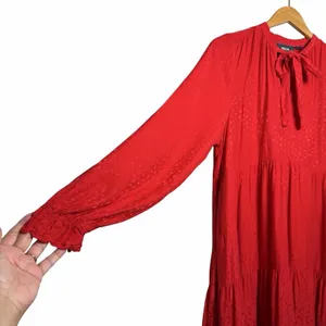 Anthropologie Maeve Wendy Tiered Maxi Dress Red Jacquard Tie Neck‎ Large Cottage thumbnail 15