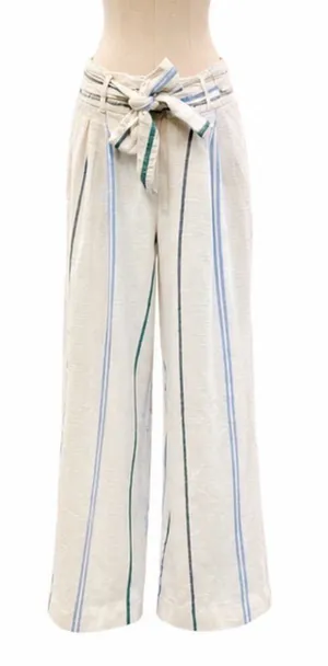 Ann Taylor Linen Blend Wide Leg Tie Waist Pants | White Multi-Stripe | Size 10 thumbnail 1