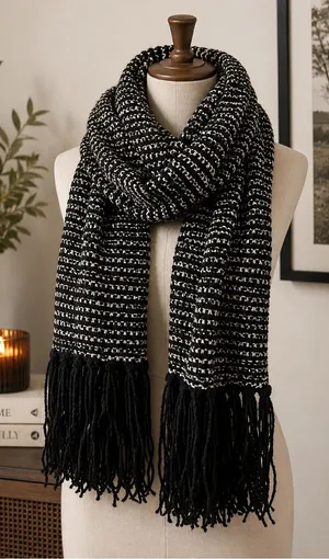 Black Cream Knit Fringe Scarf Wrap | Boho Winter Tassel Shawl | Cozy Long Scarf thumbnail 1