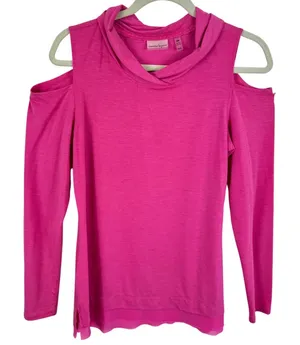 Nanette‎ Lepore Magenta Pink Cold Shoulder Cowl Neck Long Sleeve Top Mesh Trim M thumbnail 1
