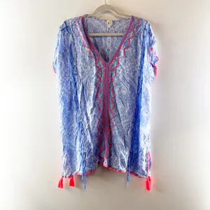 Surf Gypsy Floral Embroidered Short Sleeve Bohemian Tunic Cover-Up Dress Blue S thumbnail 2