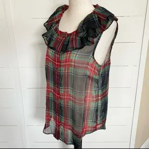 J. Crew Tartan Plaid Red Green Metallic Sheer Ruffle Button Tank‎ Blouse NWT S thumbnail 11