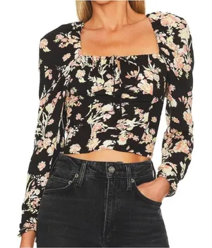 Free People Size-L/G Top Hilary‎ Printed Floral Cropped Black thumbnail 1