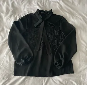 SheIn Black Frill Tie Neck Blouse With Lace Panel thumbnail 1