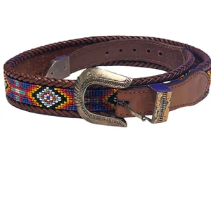 Vintage 1991 Brighton beaded western brown leather belt Aztec diamond pattern 30 thumbnail 2