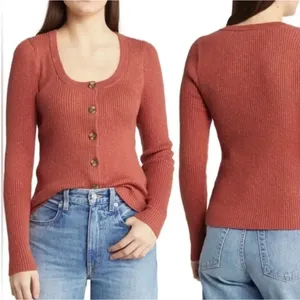 Madewell XS Ribbed Scoopneck Cardigan Sweater Weathered Brick NG738 Cotton Blend thumbnail 8